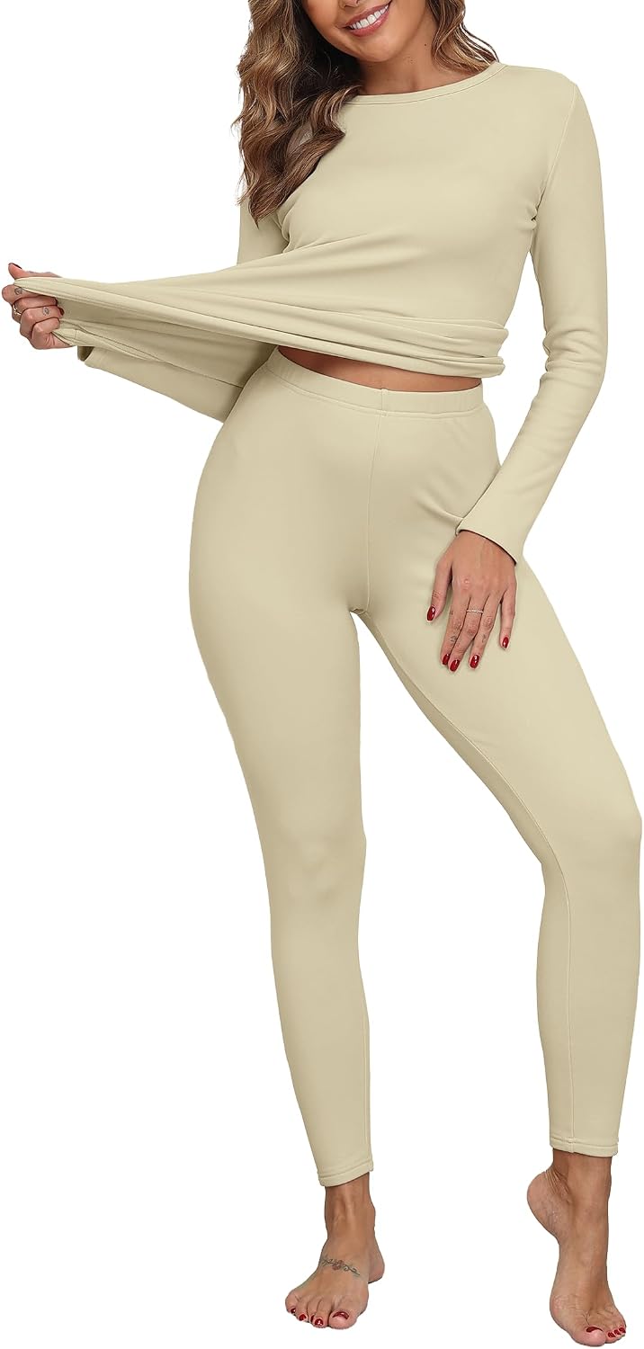 IWOLLENCE Conjunto de ropa interior térmica para mujer, camiseta térmica y leggings de invierno, capa base, forro polar acanalado, pijama térmico para mujer