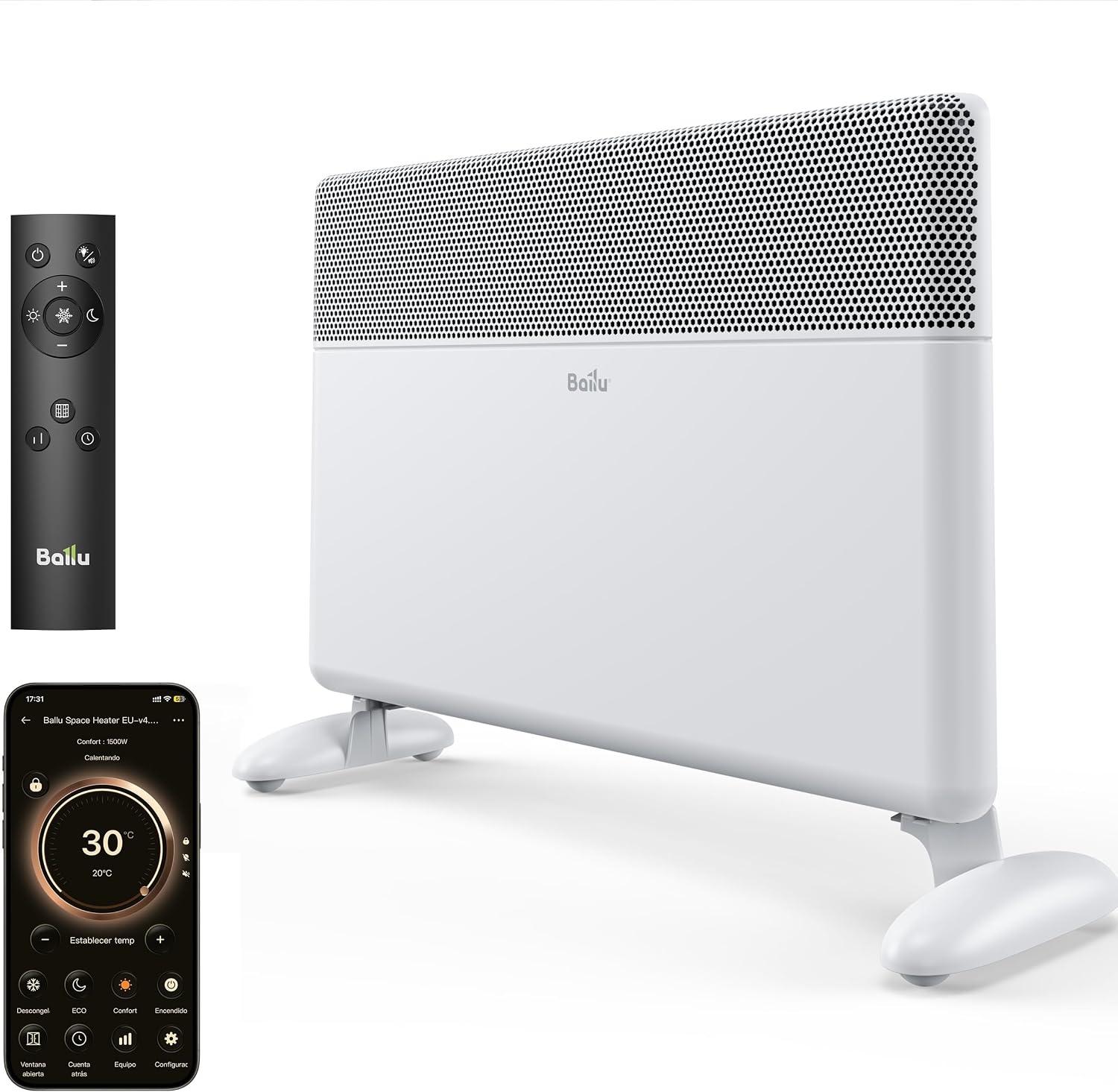 Ballu Radiador Eléctrico Bajo Consumo 2000W, Convector Eléctrico WiFi con App, Pantalla Táctil, Calefacción Eléctrica con Google Home y Alexa, Instalación Pared o Suelo, Mando a Distancia,Blanco