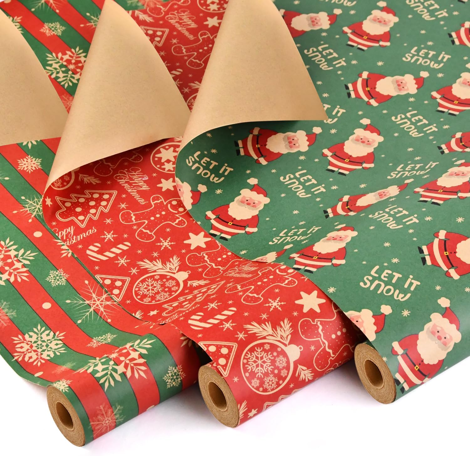 Ahfulife 3 Rollos Papel Regalo Navideño, 43cm x 10M - 3 Rollos de Papel de Embalaje de Navidad Reciclables Papel Kraft Caja de Navidad Regalo Embalaje Decoración de Regalo de Cumpleaños