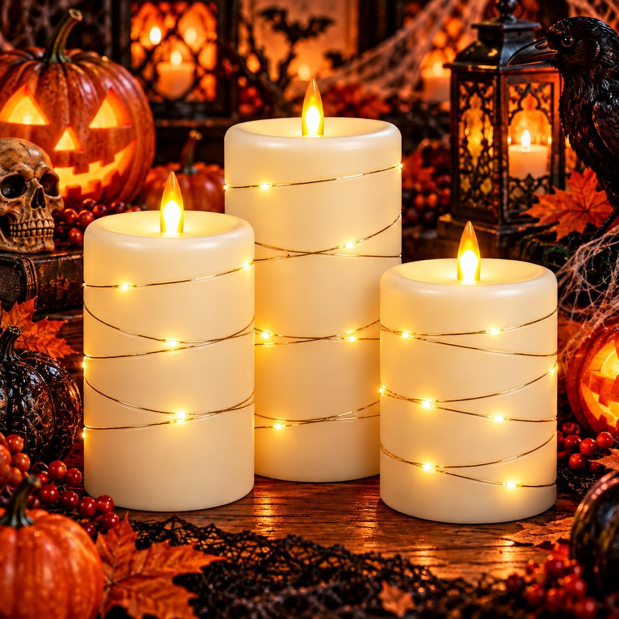 3 Velas LED Marfil con Luces Hada Envolventes, Fuego LED Realista de Nueva Generación, 1 Mando, Plástico Resistente, Tamaños Surtidos, Reutilizables y Ecológicas para Decoración Interior y Exterior