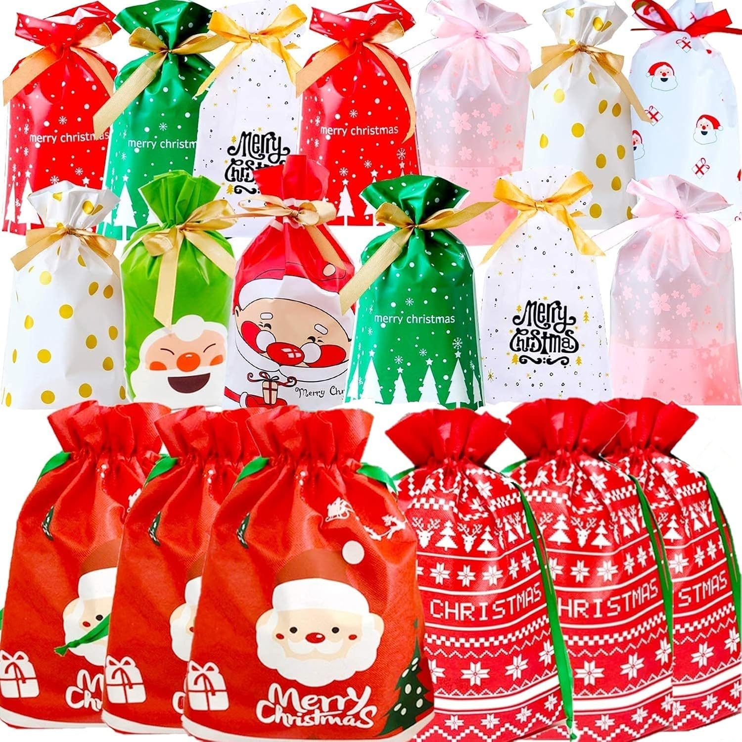 KAHEIGN 46 Piezas Juego De Bolsas De Regalo Con Cordón De Navidad, 10 Estilos 2 Tamaños Bolsas De Navidad Bolsa Para Envolver Regalos Pack Kids Bolsas De Regalo Con Cordón