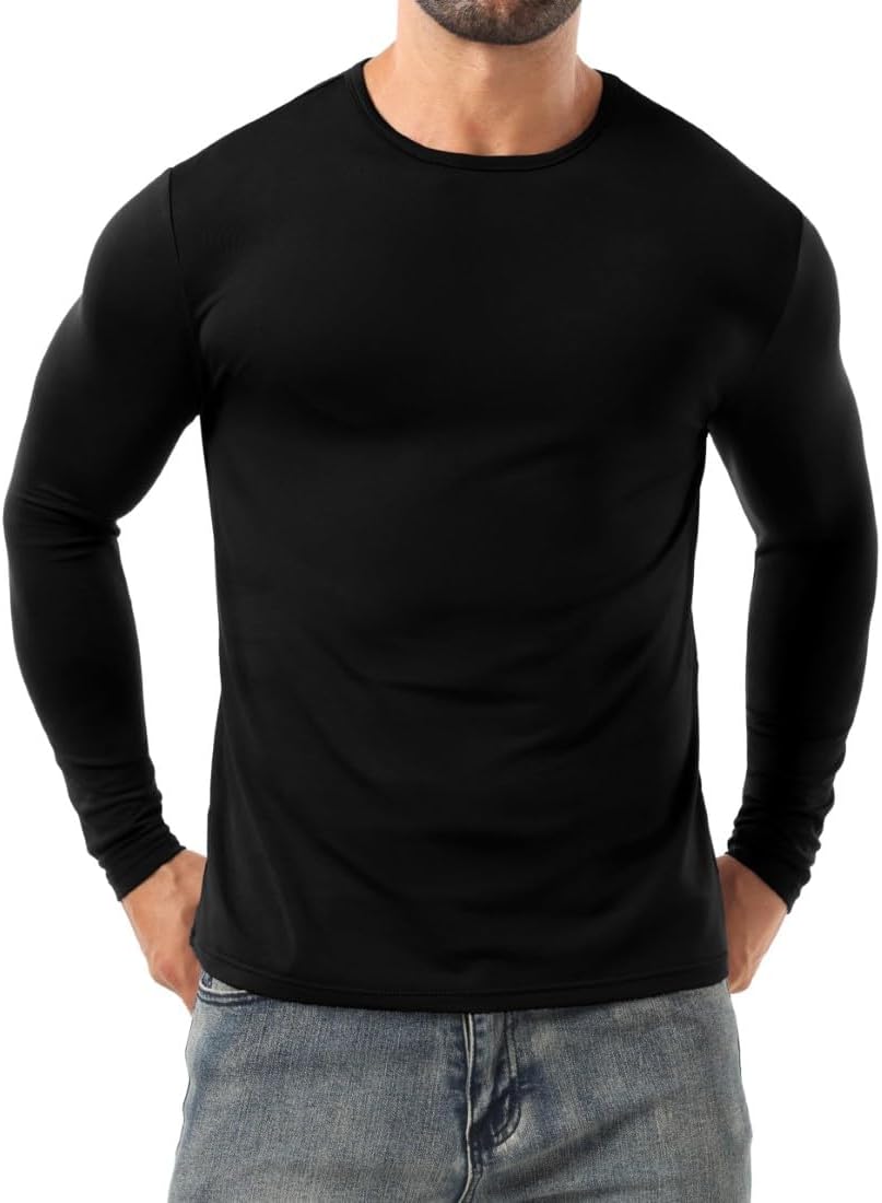PrinStory Camiseta térmica de manga larga para hombre, cuello redondo, capa base básica, cálida y suave