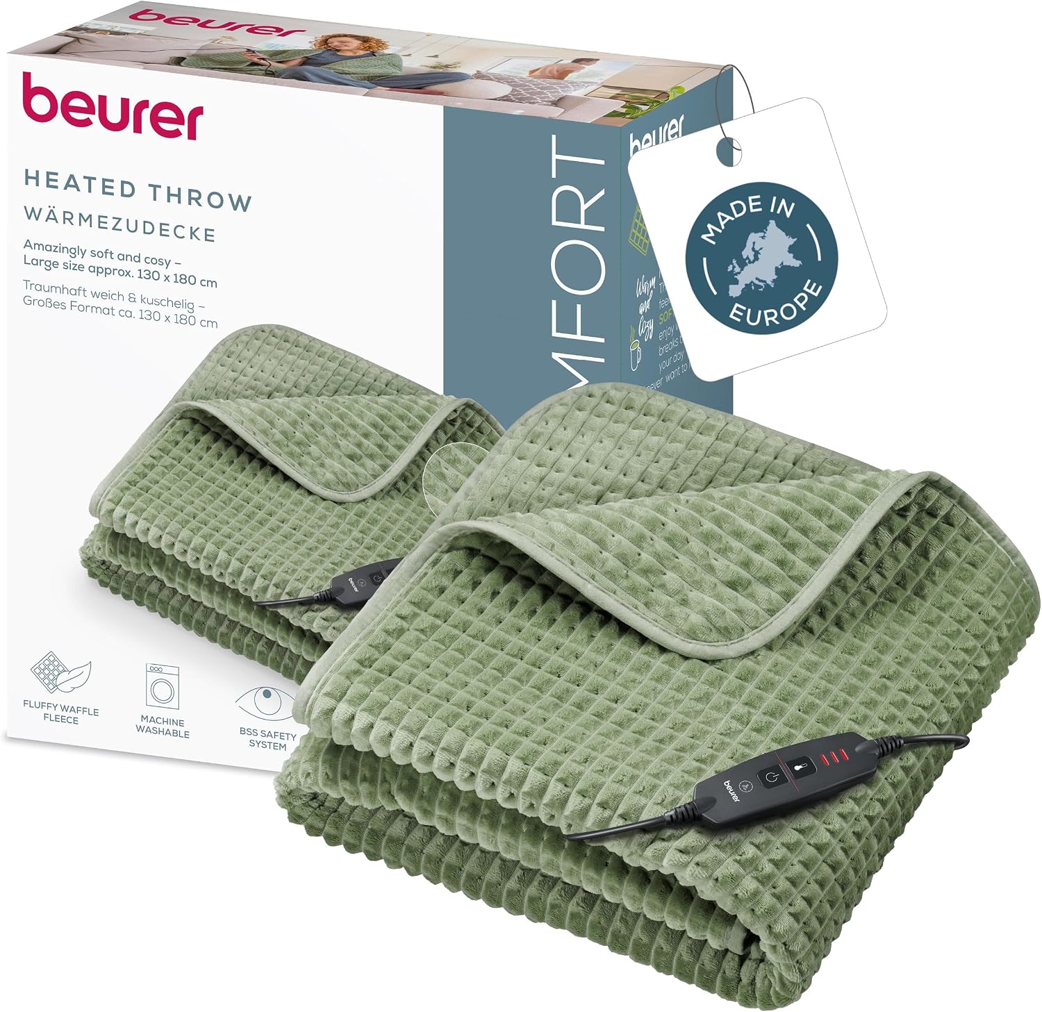 Beurer Manta eléctrica Waffle Sage Green, Ligera, Fabricada en Europa