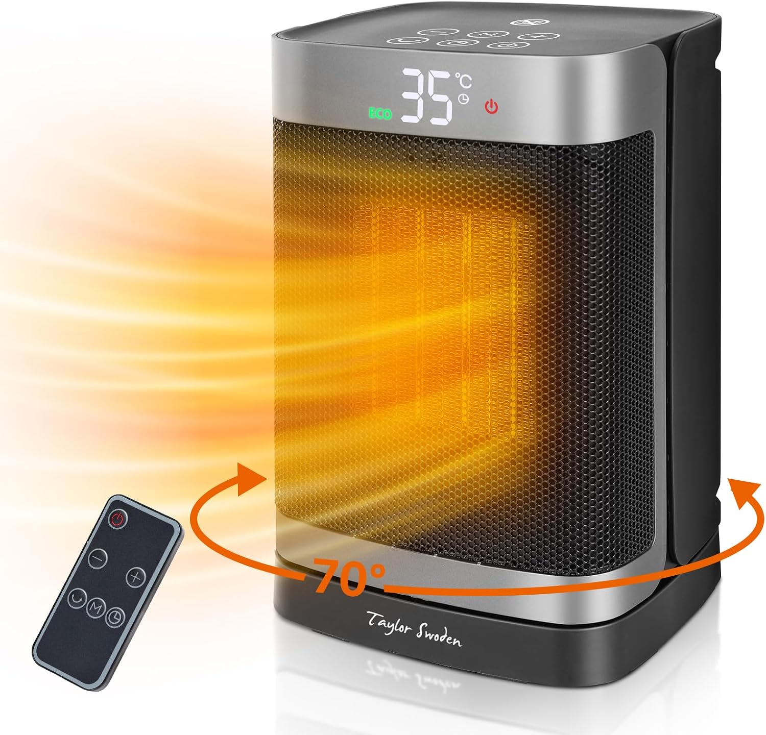 Taylor Swoden Fiery - Calefactor cerámico PTC 1500W con mando a distancia, pantalla LED, temporizador 24H, oscilante 70º, 3 velocidades y modo ECO. Calentamiento rápido dormitorios, despachos etc