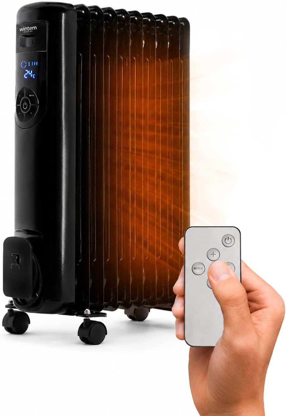 Radiador eléctrico de aceite 1500 W, 9 elementos: confort térmico con temporizador programable, pantalla LED y control remoto, móvil y práctico, 60 cm