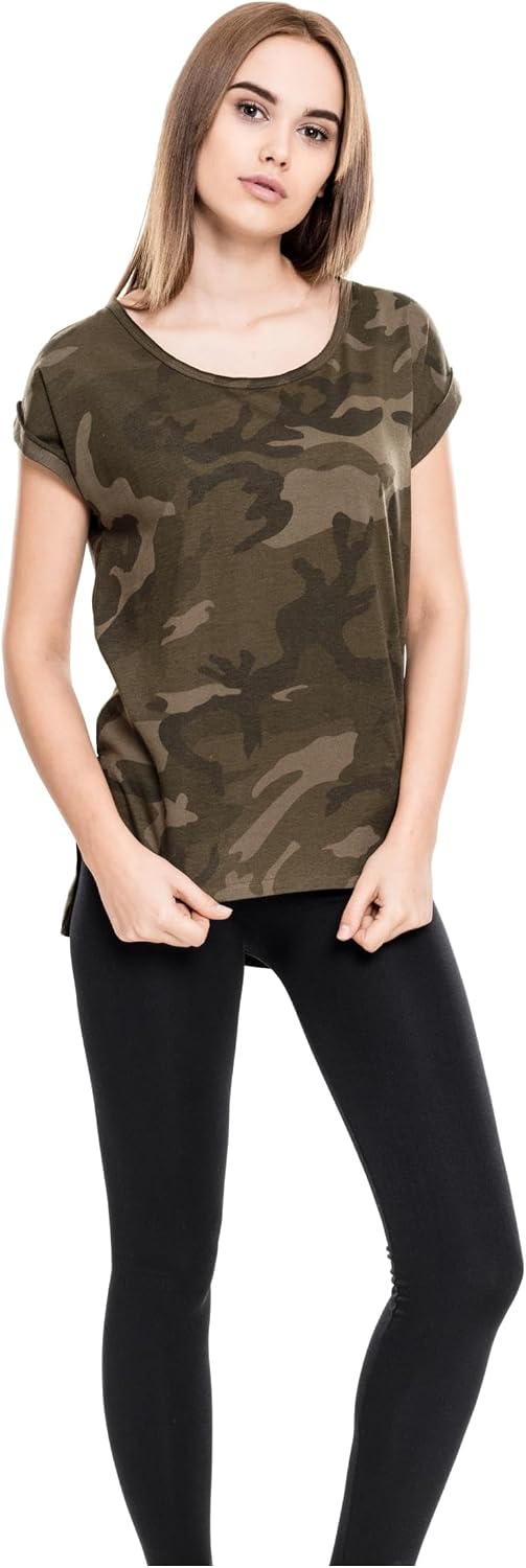Urban Classics Camiseta de Camuflaje Mujer Camiseta Camuflaje Oscuro Vokuhila Ancho