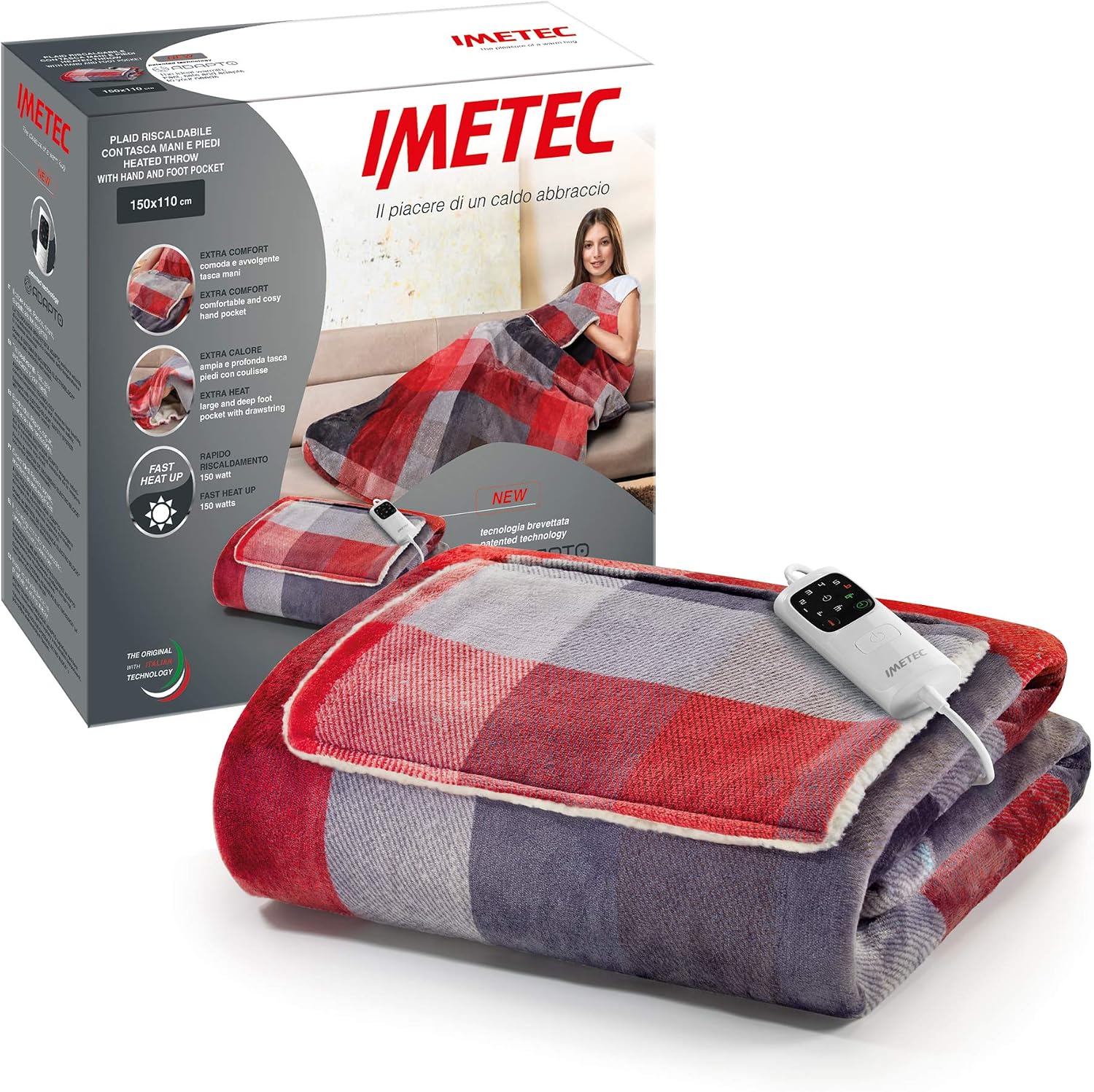 Imetec Adapto Velvet Tartan, Manta eléctrica de 150 x 110 cm, tejido aterciopelado, equipado con tecnología Adapto, dispositivo de seguridad, 6 temperaturas, se puede lavar en la lavadora