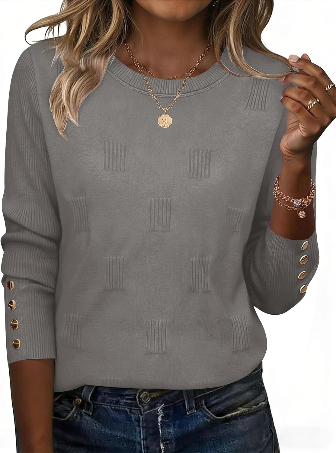 Rapbin Jersey de manga larga para mujer, elegante, primavera e invierno, moda 2026, jersey de punto, cuello redondo, informal, blusa, tops