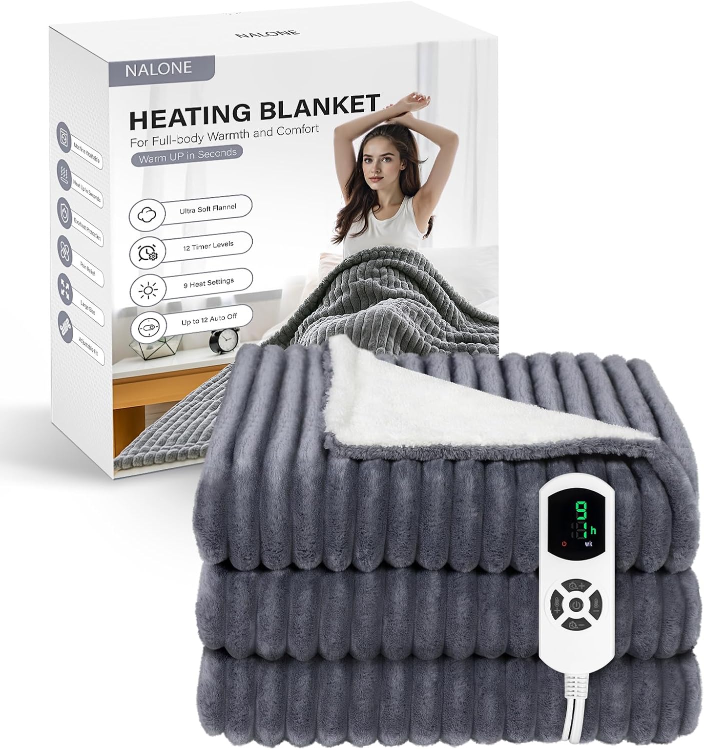 NALONE Manta Eléctrica Grande160x130cm, Manta Termica 9 Niveles de Calor, Temporizador de 12 Horas para Cama, Hogar y Oficina Franela Lavable a Máquina (160 x 130cm)