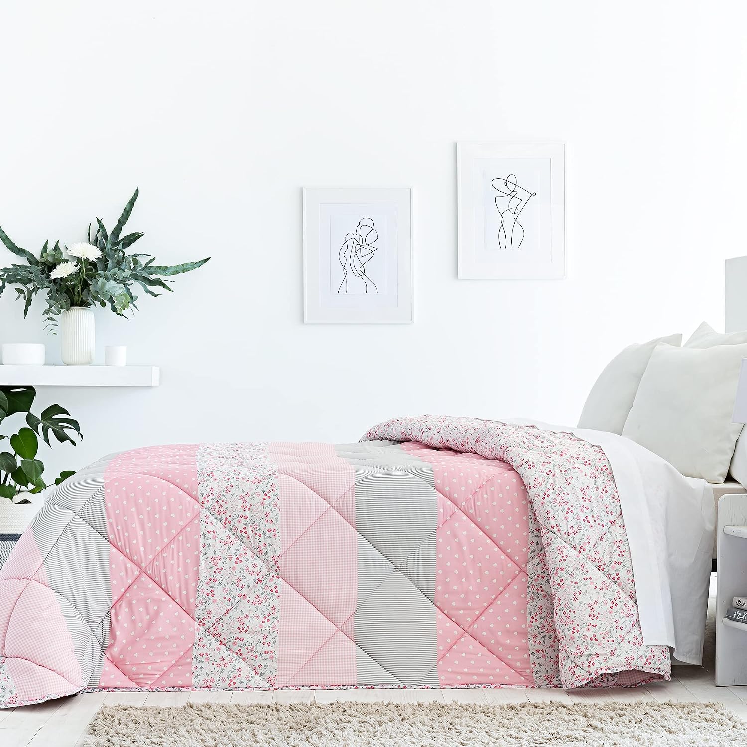 Barceló Hogar - Edredon Comforter Reversible Eva, Color Único, Cama 105 cm, Medida 200x270 cm, Edredón Estampado Flores, Esquinas Redondas