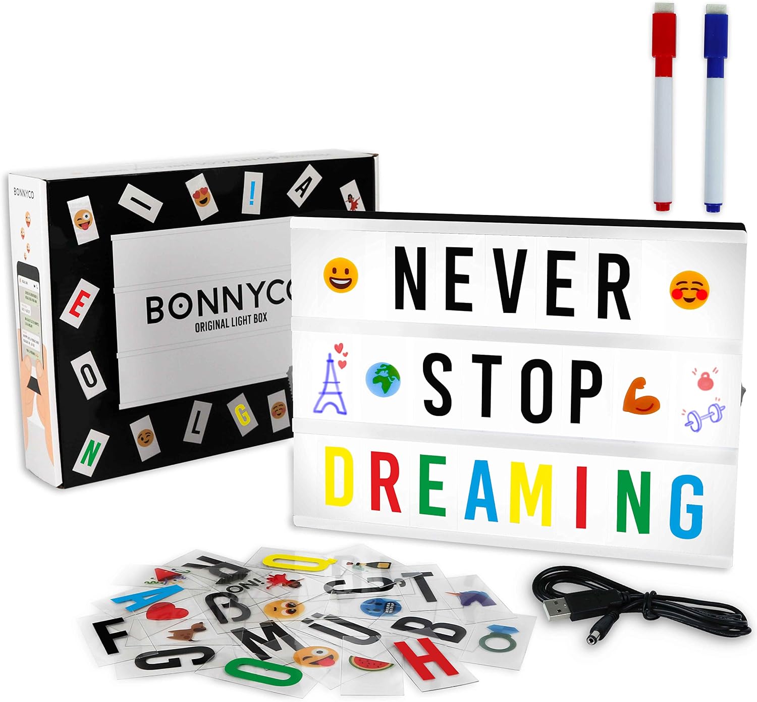 BONNYCO Caja de Luz LED A4 Negra, 400 Letras, Ñ y Ç, Emojis, 2 Rotuladores