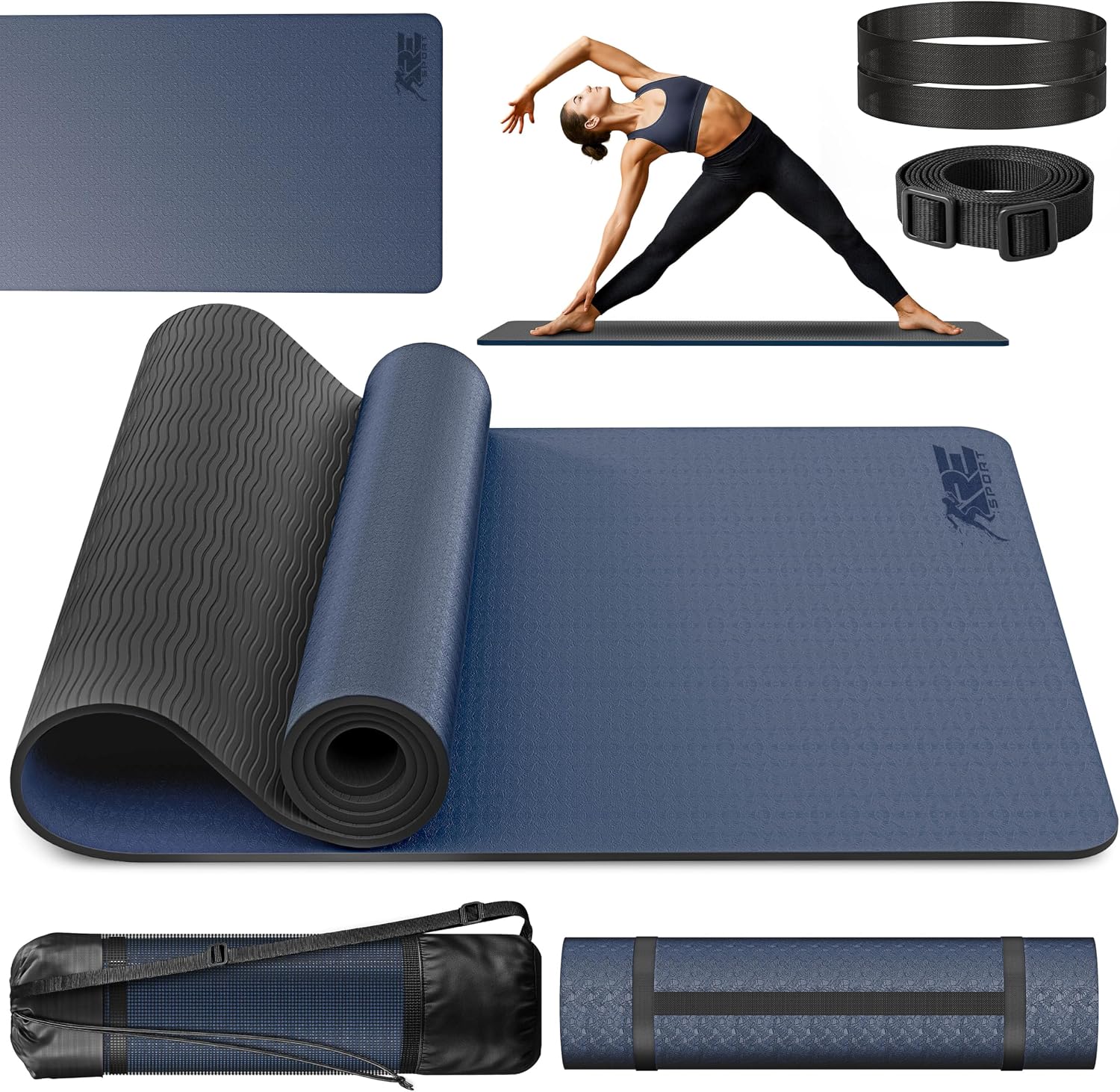 RE:SPORT Esterilla de Yoga, Pilates Antideslizante | Colchoneta de Gimnasia | Alfombrilla de Fitness y Deporte con Correa | 183 x 61 cm x 0,6 cm