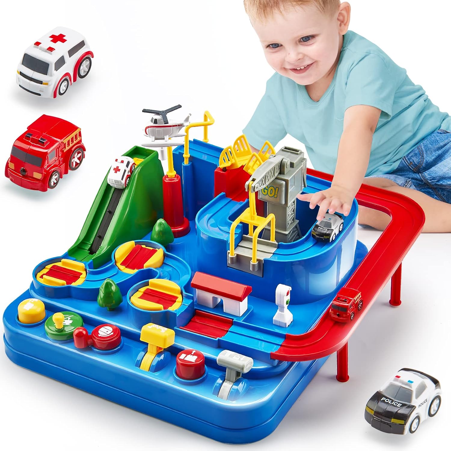hahaland Juguetes Niños 2 años, Pista de Coches con Circuito Interactivo