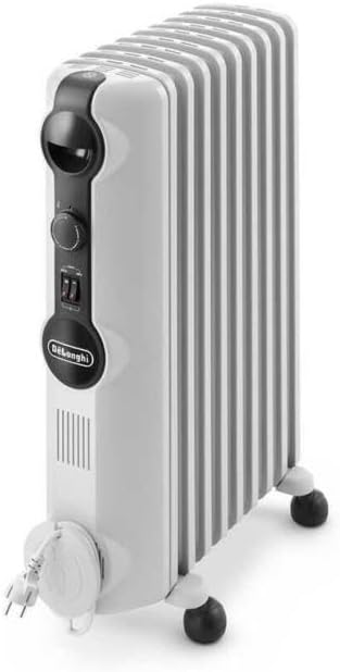 De'Longhi Radia S – Radiador de Aceite para Estancias de Hasta 60 m³, Calefactor Eléctrico con Termostato de Seguridad, 9 Aletas, Función Antiheladas, Portátil, 2000W, Blanco (TRRS0920)