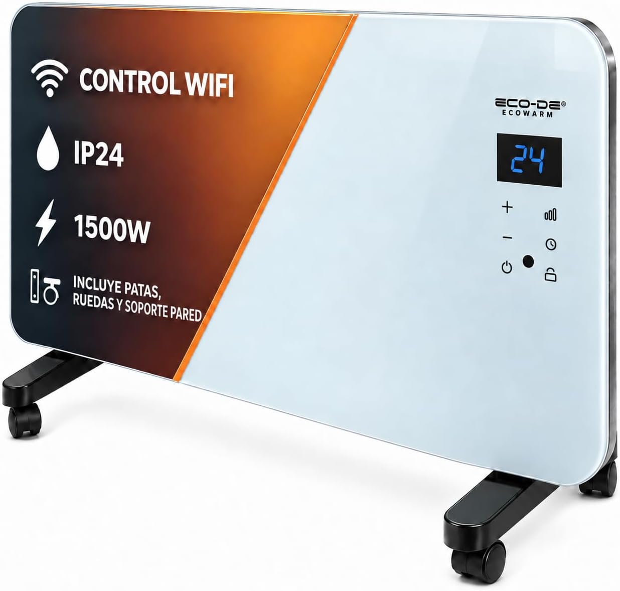 ECODE® Radiador electrico 2000W de Cristal | Silencioso y Programable | Control por Wifi | Uso con Ruedas, Patas o Pared | Temporizador | 2 Potencias | Apto para Baños (IP24) | Pantalla Táctil