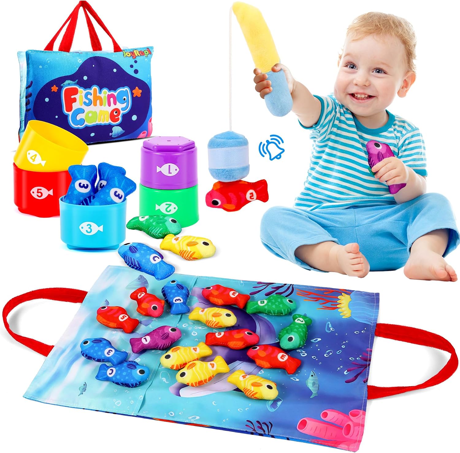 Juguetes Montessori Juego Pesca de Tela - 20 Piezas con 15 Peces, Cubos Apilables y Bolsa, Educativos para Bebes 6-12 Meses/Niños 1-2 Años, Regalo de Cumpleaños