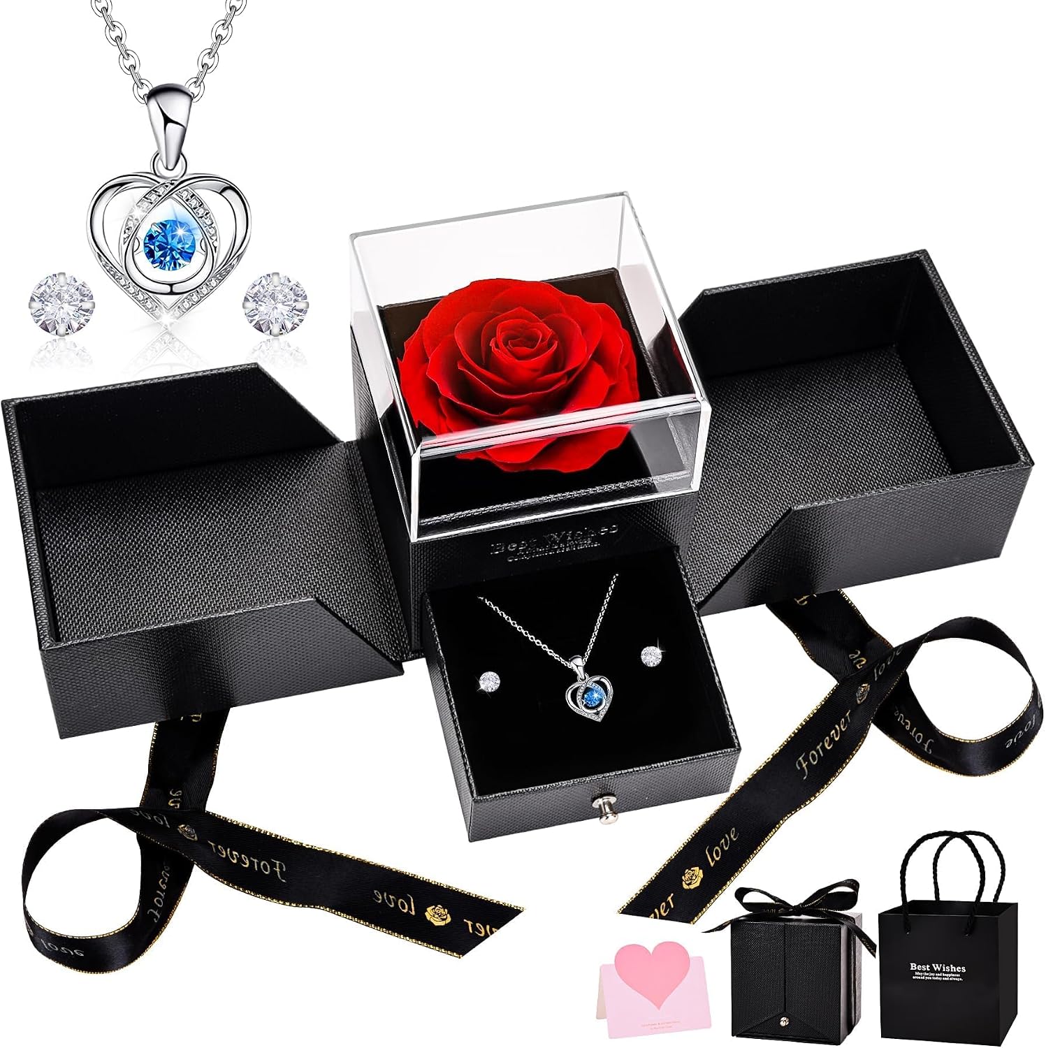 Rosa Eterna, Azul Caja de Regalo de Rosa Preservada con Collar de Corazón y Aretes, Regalo de Cumpleaños de Aniversario Dia de la Madre Dia de San Valentín para Mamá Novia Hermana Mujeres