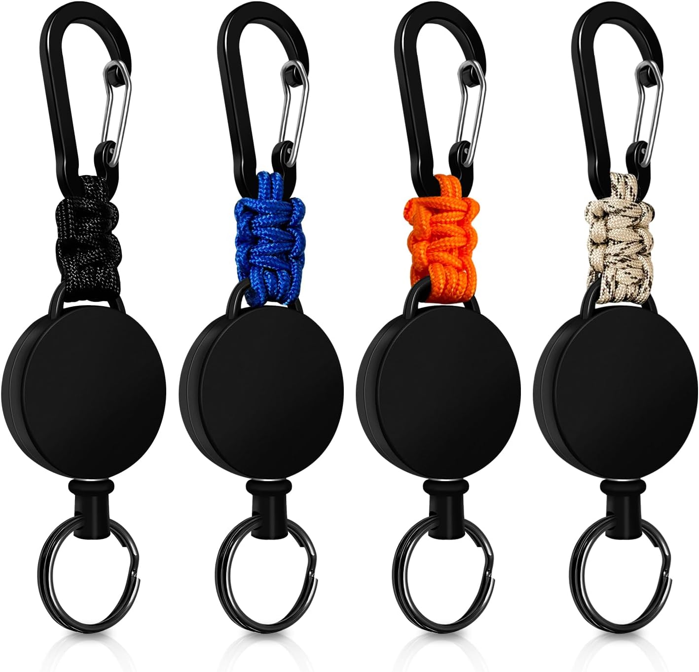 Llavero Retráctil 4 Piezas, Retractil Cable Acero 60 cm, Llavero de Mosquetón con Clip Paracord, Mosquetón de Carrete (Negro+Beige+Azul+Naranja)