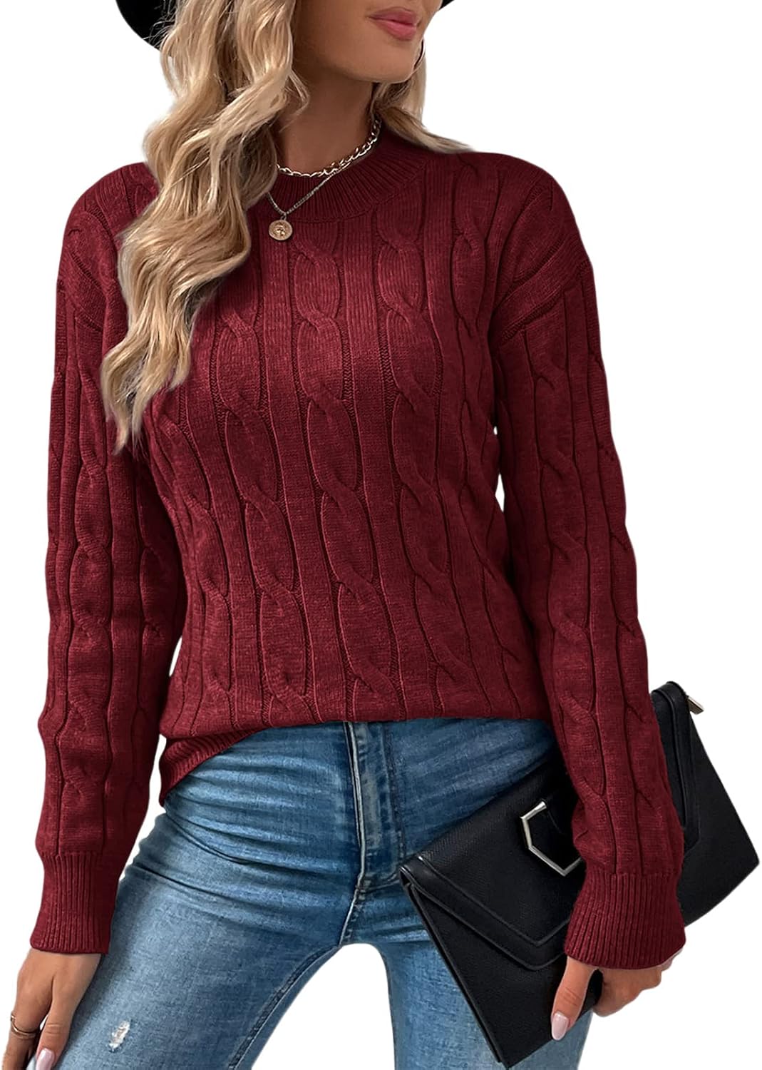 Niwicee Jerseys de Punto de Cable para Mujer Cuello Redondo Suéter Holgado Sueter Mangas Larga Pullover Jerséis de Punto Casual Sudadera Tops Sweater Cálido Otoño Invierno
