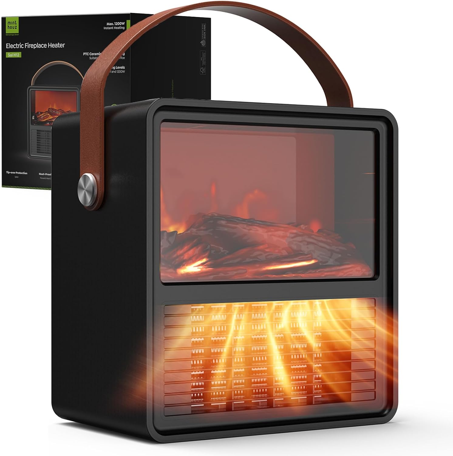 Minthouz Calefactor Eléctrico 1500W PTC Cerámico Bajo Consumo con Efecto Llama 3D, Termostato Ajustable, Modo ECO, Protección Sobrecarga y Volcado – Ideal para Habitación y Oficina