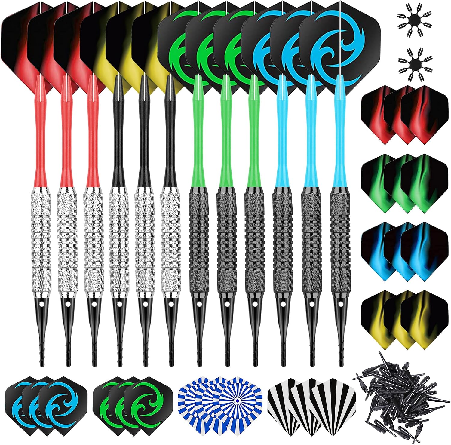12 Dardos Punta Plastico para Dianas electrónicas,Dardos Diana Electronica de Profesionales+24 Plumas de 8 Patrones+50 Puntas+2 protectores de plumas,Dardos de plástico