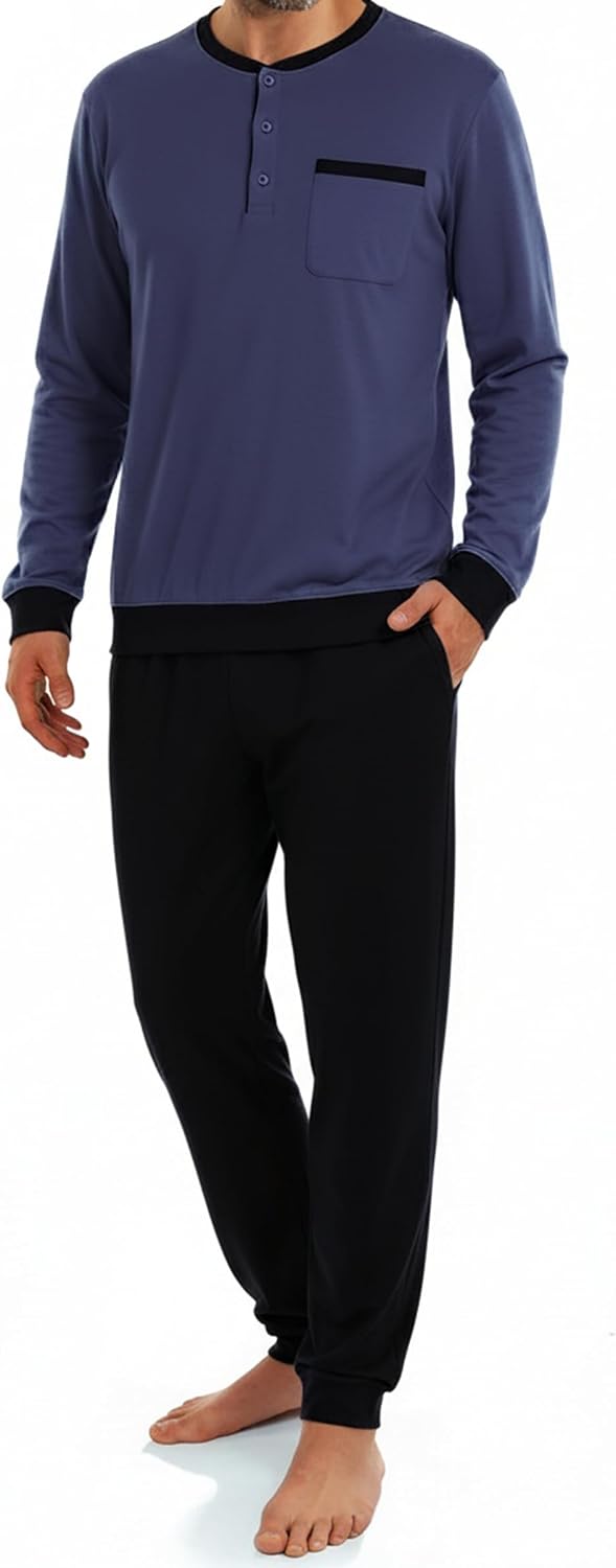 Bresdk Pijama Hombre Invierno Algodón Ropa de Dormir Camiseta de Manga Larga Largo Pantalón Pijama para Hombre S-3XL