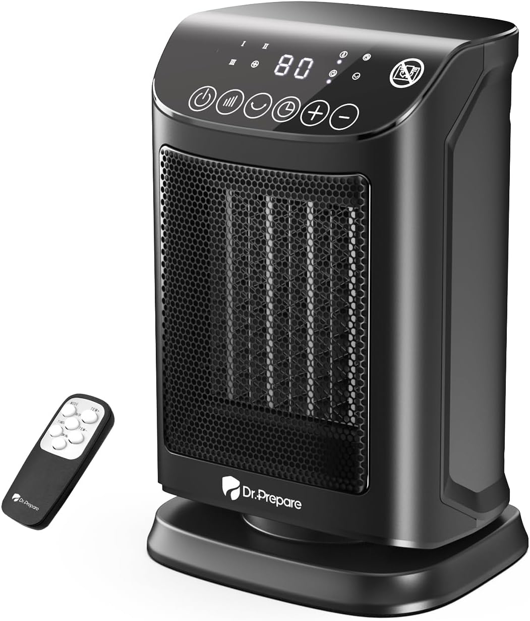Dr.Prepare Calefactor Cerámico con Termostato 1800W 5 modos (3 Calor + Ventilador + ECO), Temporizador 12H, Protecciones Seguridad, Oscilación 70° para Oficina Dormitorio y Casa