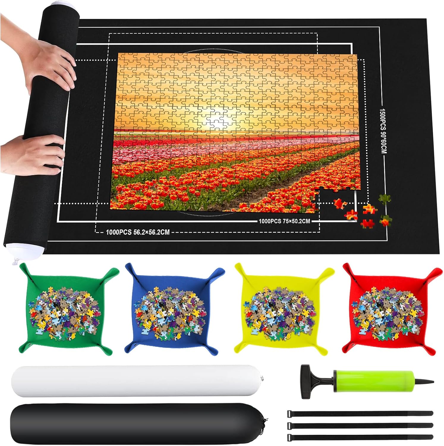 Tapete Puzzle 1500 Piezas, Alfombra Puzzle 1500 1000 500 Pezzi, Portátil Fieltro Estera de Rompecabezas,116x66cm, Tapiz Puzzle Enrollable, Negro