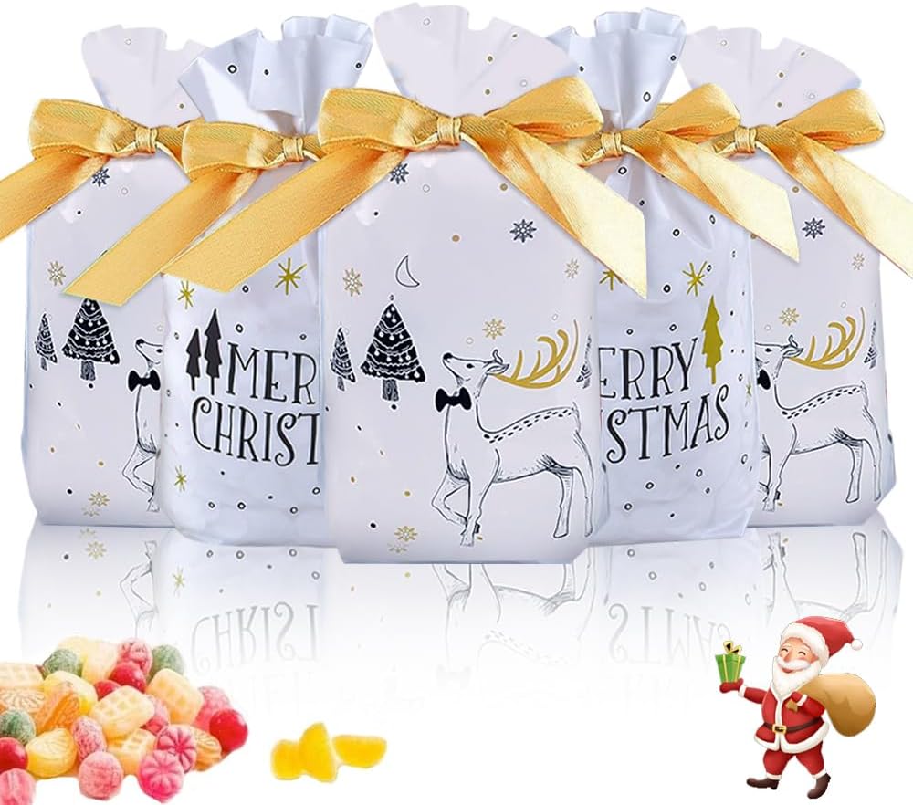 Anyingkai 50pcs Bolsa de Dulces Navideños,Bolsa de Dulces set,Bolsas de Regalo de Comunion,Bolsas de Regalo con Cordón de Navidad,Bolsas de Regalo con Cordón,Bolsa Navidad (Clásico-B)