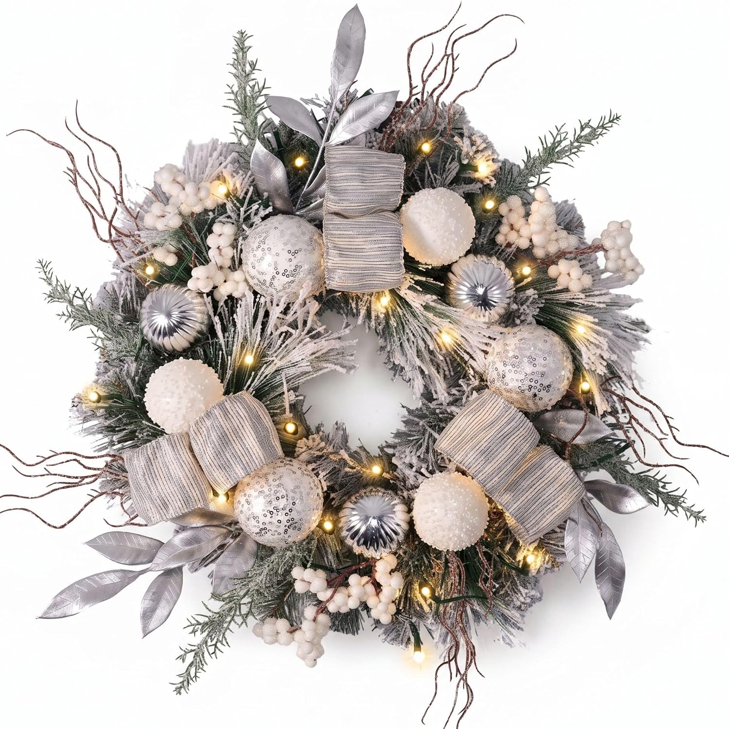 Valery Madelyn Corona de Navidad iluminada de para Puerta Delantera, Corona de Navidad preiluminada Blanca y Plateada, Arrecife de Navidad con 15 Luces LED y Cinta para decoración de Navidad al