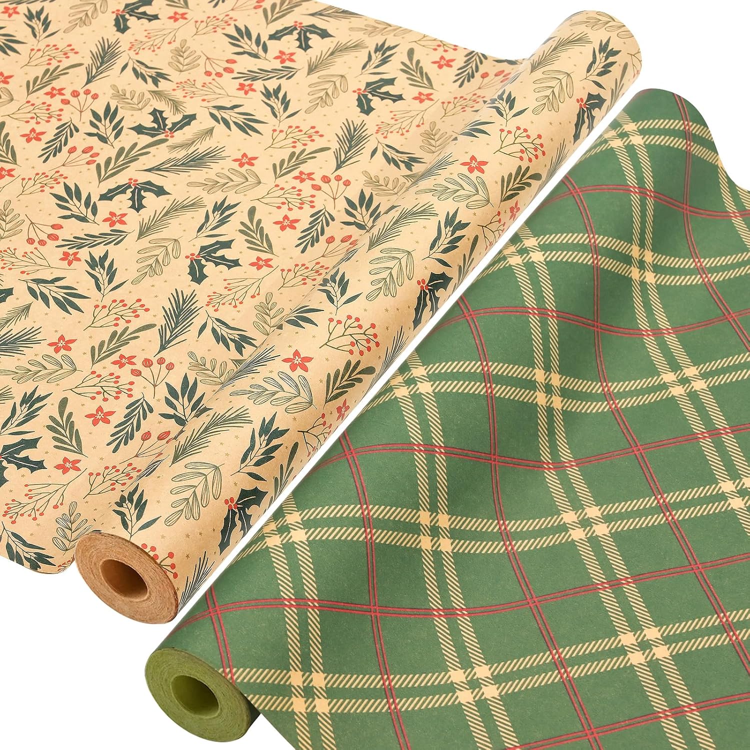 Ahfulife 2 Rollos Papel Regalo Navideño, 43cm x 15M per Rollos Papel Embalaje Navideño Reciclables Caja de Embalaje de Papel Kraft Decoración de Fiesta (F: Papel Kraft de Retro)