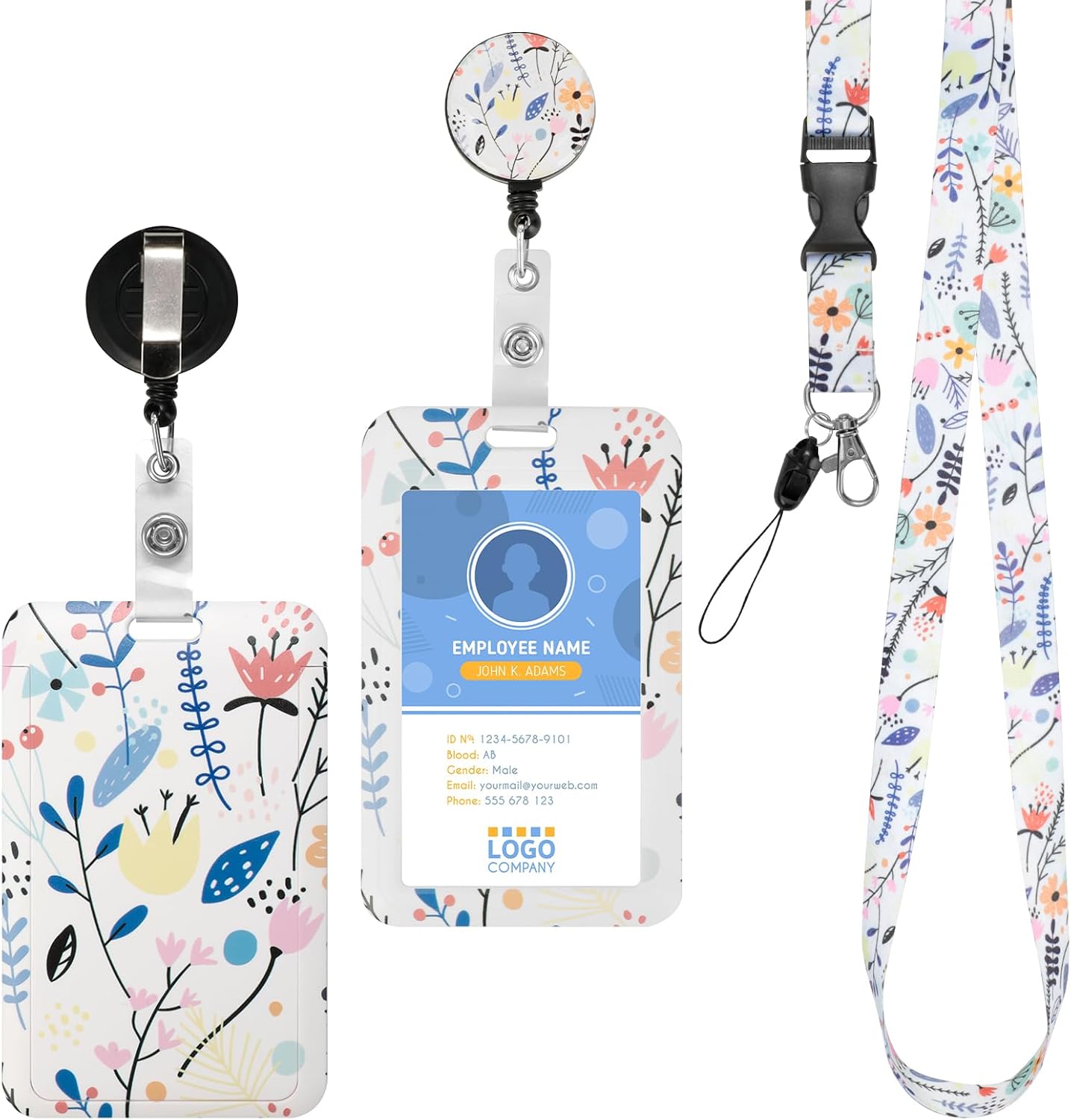 Cozary Porta Tarjetas Identificativas, Cordón Desmontable con Clip Retráctil, Funda Porta Tarjeta Colgante Protector Floral de Visita Puerta para Enfermeras, Médico, Maestros y Estudiantes
