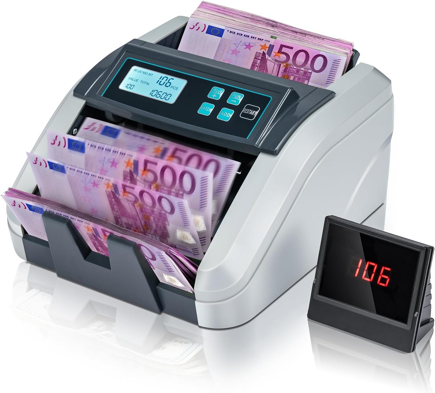 MUNBYN Contador de Billetes, Maquina Contar Billetes, Múltiples Modos y Función de Totalización de Una Sola Denominación, Solo Euros, Detección UV/MG/IR/MT, 1100 Billetes/Minuto