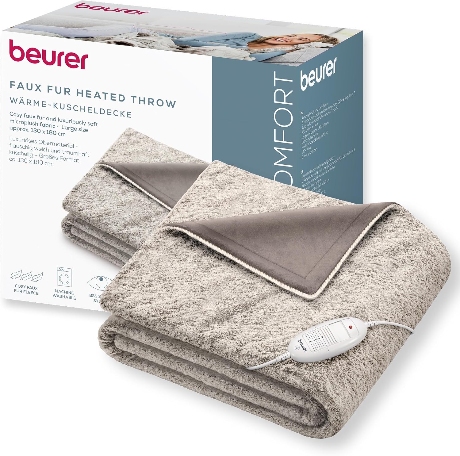Beurer HD 75 Nordic manta eléctrica, manta térmica suave con aspecto de piel sintética, 6 niveles de temperatura, lavable a máquina (30 °C), desconexión automática. Color beige/marrón, 180×130 cm