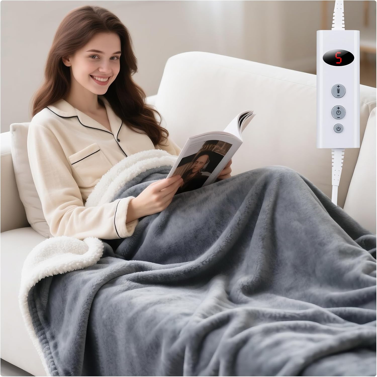 Qoosea Manta Eléctrica 180x130 cm - Apagado Automático 1-9h - 9 Niveles de Calor - Manta Térmica de Felpa Lavable - Protección Sobrec Calentamiento - para Cama y Sofá (Gris)