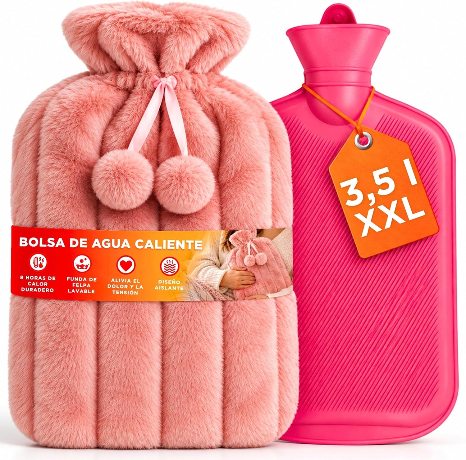volila Bolsa de Agua Caliente, Formato XXL, 3,5 L - 1 Bolsa de Agua Caliente Grande de Color Azul - Bolsa de Agua con Funda de Pelo Sintético, Perfecto para Aliviar el Dolor - Idea Regalo para Navidad