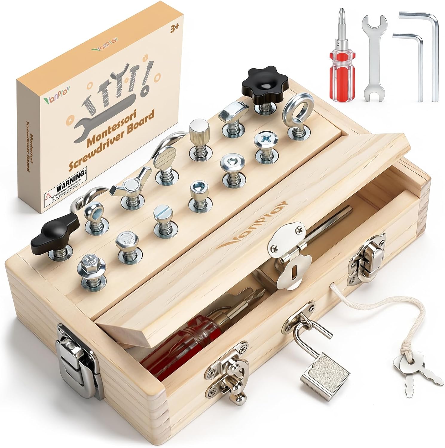 Vanplay Juguetes Montessori, Juguetes Niños 3 Años, Juguetes de Madera con Cerradura y Llave Tablero de Destornilladores Herramientas Juguete, Juegos Educativos Regalo Niña Niño 3 4 5 6 Años