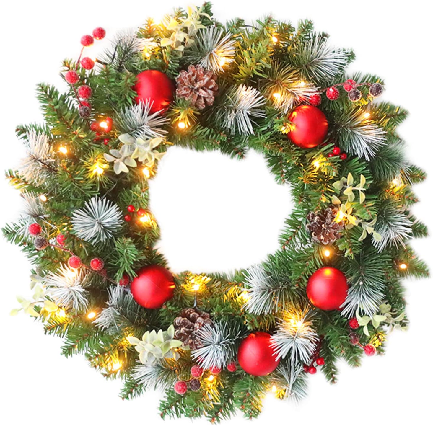 Corona Navidad Puerta con Luces, Guirnalda Abeto Exterior Pilas, Corona para Puertas con Luz, Adornos Casa Decorada Iluminada Led Decoración Hogar Luminosas (30CM)