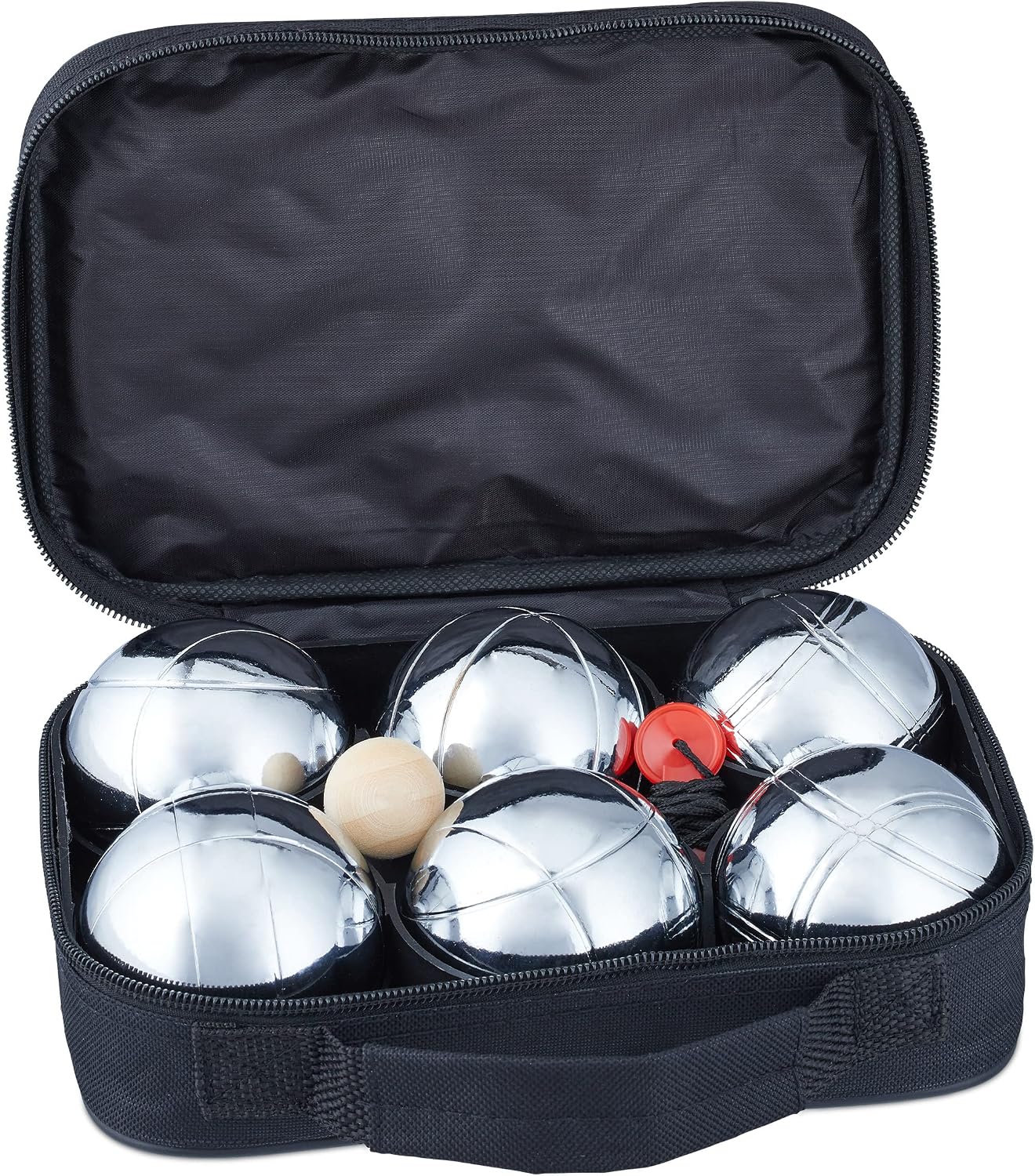 Relaxdays Set Petanca 6 Bolas con Estuche, Metal, Plateado-Negro, 16 x 22,5 x 7 cm