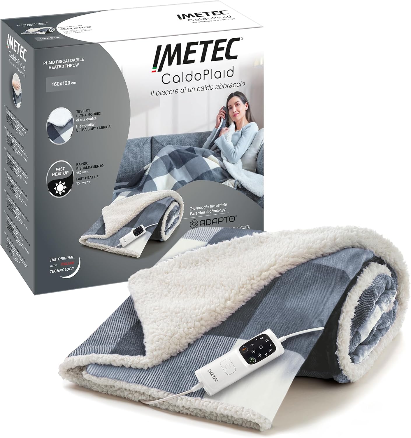 Imetec CaldoPlaid Tartan Grey, Manta Eléctrica Suave Manta Eléctrica 160x120cm, Bajo Consumo Tecnología Adaptada, Dispositivo de Seguridad, Calefacción Rápida, 6 Temperaturas, Lavable