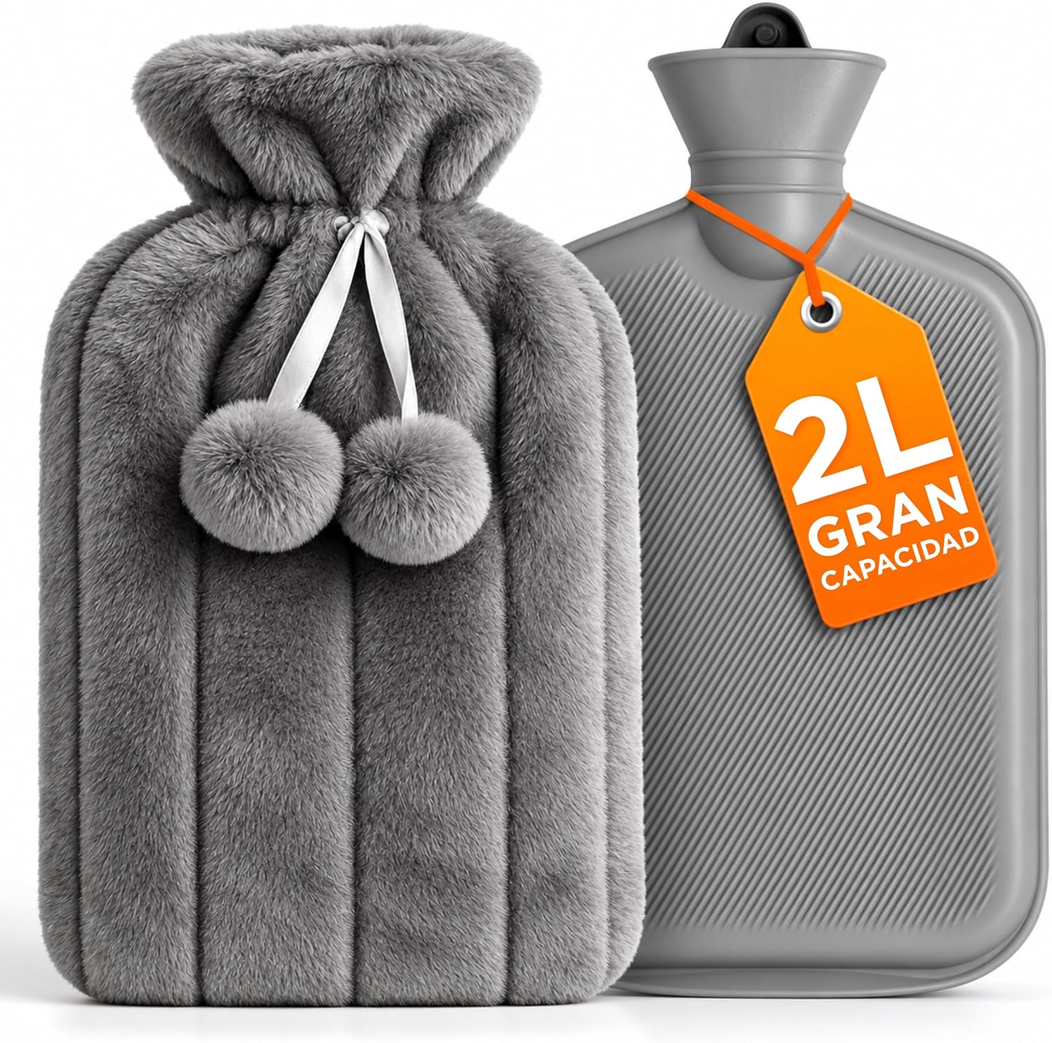 Botella de Agua Caliente 2L – Botella Agua Caliente Gris con Pompones para Alivio del Dolor, Calienta Manos y Pies – Lujosa, Suave y Lavable para Compresas Calientes y Frías