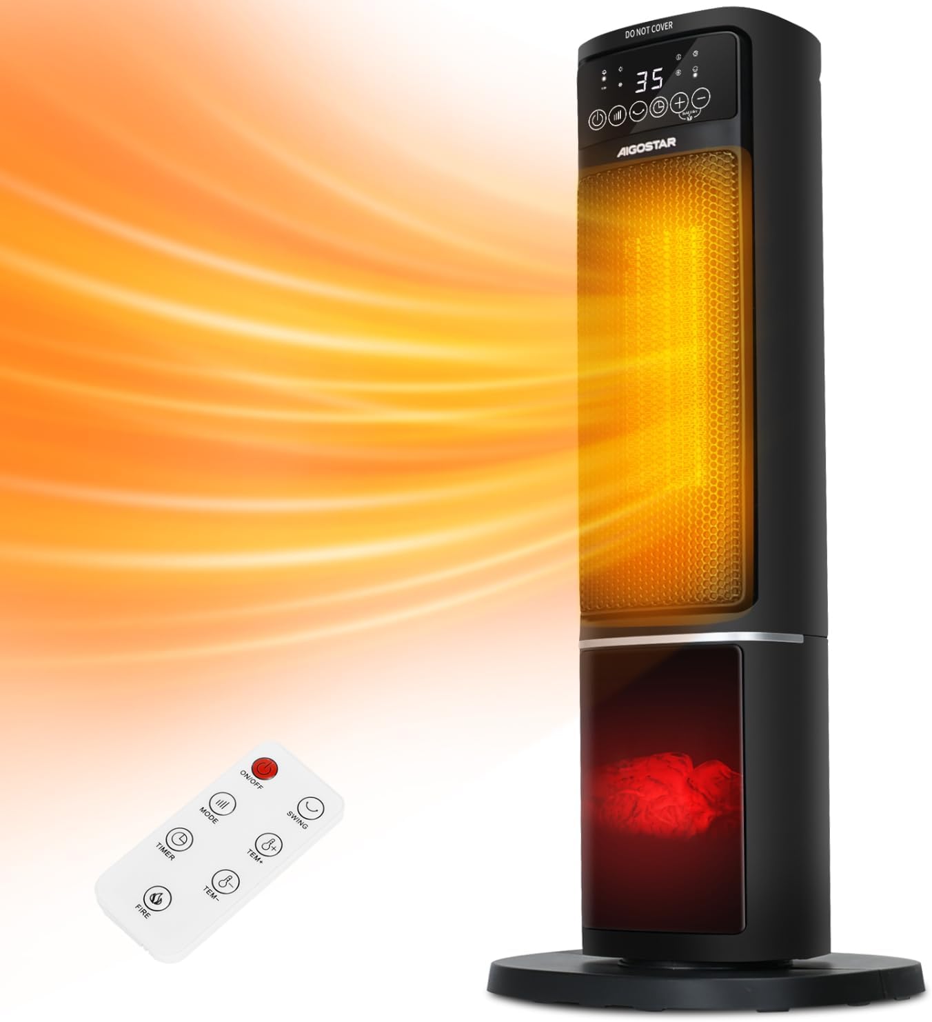 Aigostar Calefactor Cerámico con Imágenes de Chimenea 3D, 2000W, Mando a Distancia y Pantalla Táctil LED, 5 Modos & ECO, Silencioso, Temporizador 24H, Oscilante, Temperatura Ajustable de 5-35℃, 20 m2