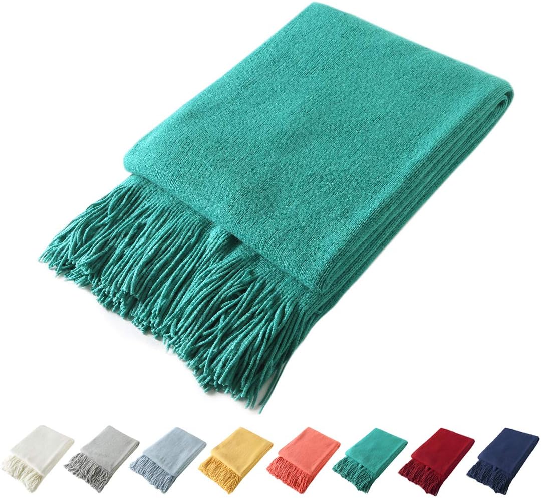 Homiest Manta Decorativa de Punto con Flecos, Suave y acogedora Manta con borlas para sofá, Cama (Azul Claro, 50 x 60 Pulgadas)