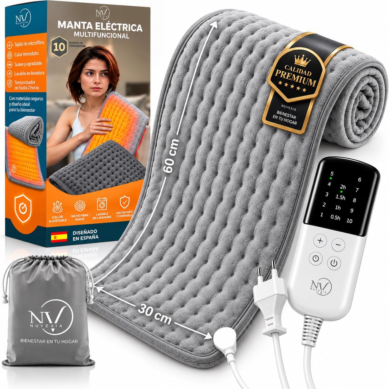 | NUVEXIA® | Manta Electrica PREMIUM Con 10 Modos de Temperatura + Bolsa De Transporte REGALO | Almohadilla Electrica Lumbar | Esterilla para Espalda y Cuello | Manta Termica Para Dolor y Colico