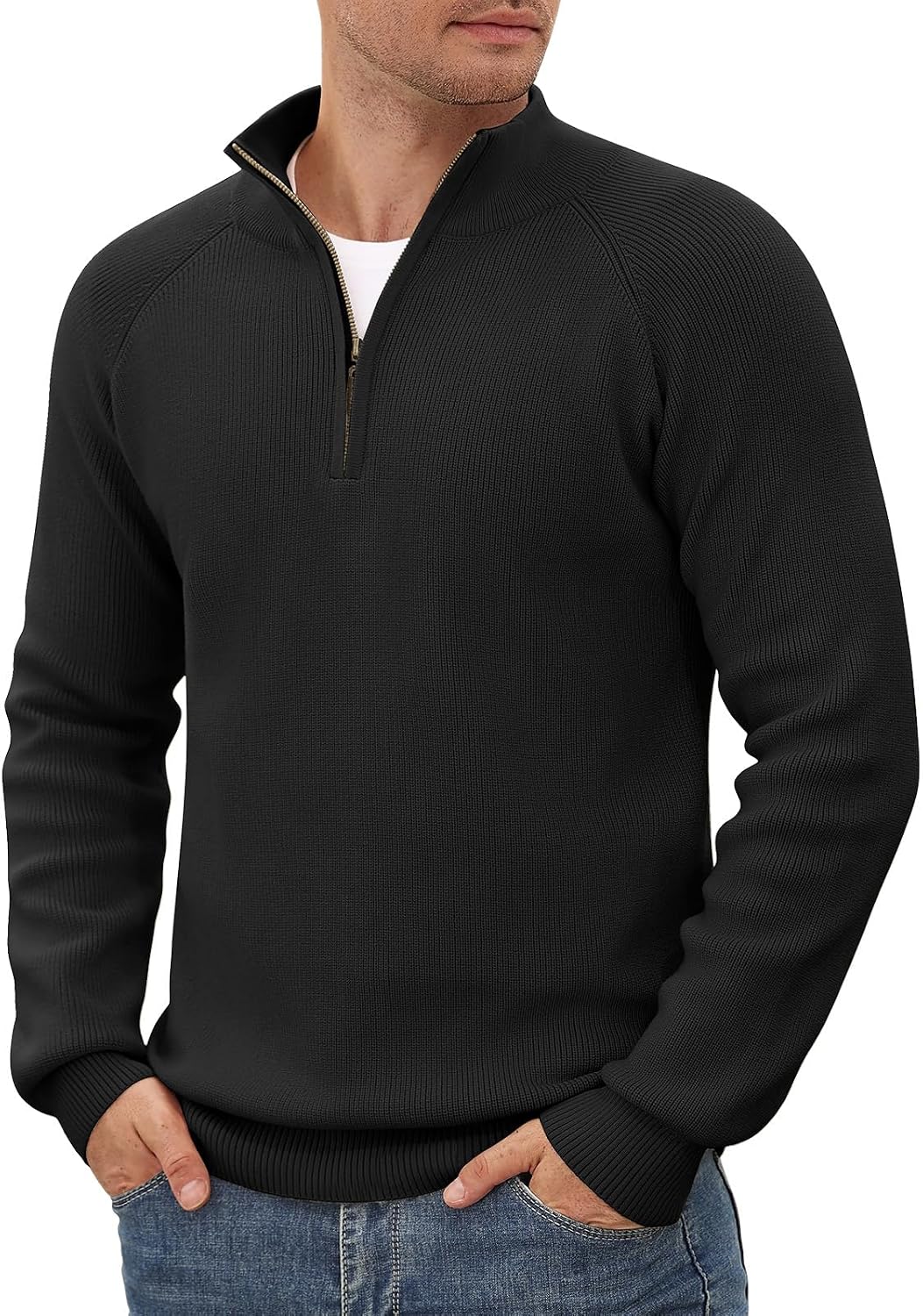 TOMEEK Jerséis para Hombre de Cuello Redondo Alto con Cremallera Cuarto Jersey para Hombre Manga Larga Pullover Slim Fit Sólido de Punto
