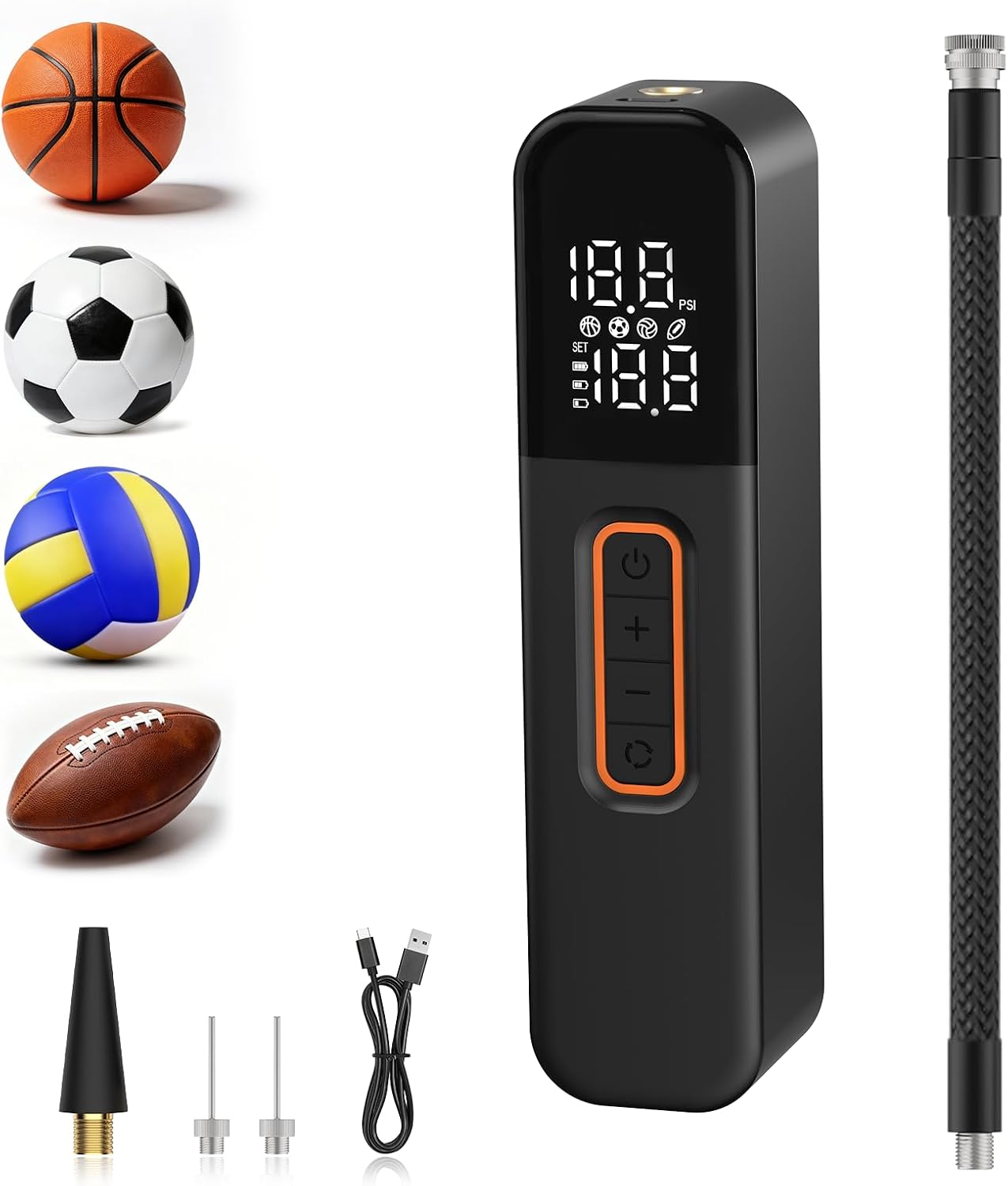 Bomba de Bola eléctrica, Bomba de Aire Inteligente, inflado de Bola rápido portátil con manómetro preciso y Pantalla LCD Digital para fútbol, Baloncesto, Voleibol, Rugby (2 Agujas y 1 Boquilla)