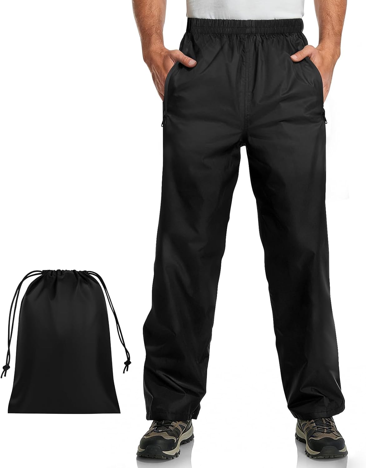 Pantalones Lluvia Impermeable Hombre, Pantalón Packaway Ligero, Impermeable y Transpirable, con Bolsa de Transporte, Bolsillo con Cremallera
