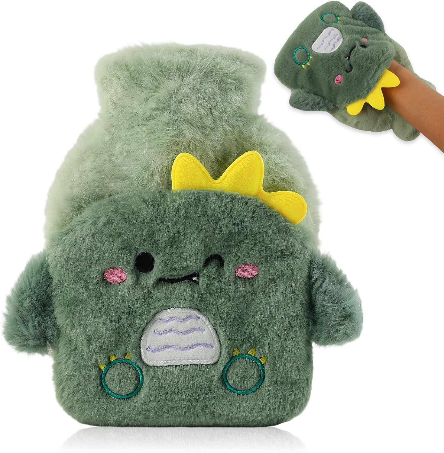 Bolsa agua caliente, 500ML Bolsa Peluche con Tapita, Extraíble para Limpieza, Prueba de Explosiones y Fugas, Apta para Niños y Adultos (Dinosaurios)