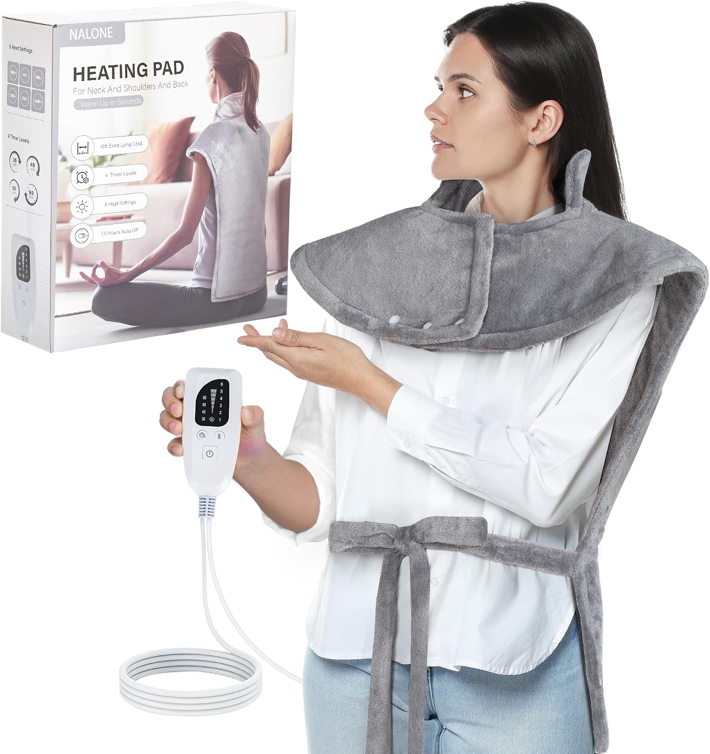 NALONE Almohadilla Térmica para Espalda y Cuello 63×100cm, 6 Niveles de Calor, Temporizador de Apagado Automático de 4 Horas, Cinturón, Franela, Lavable a Máquina