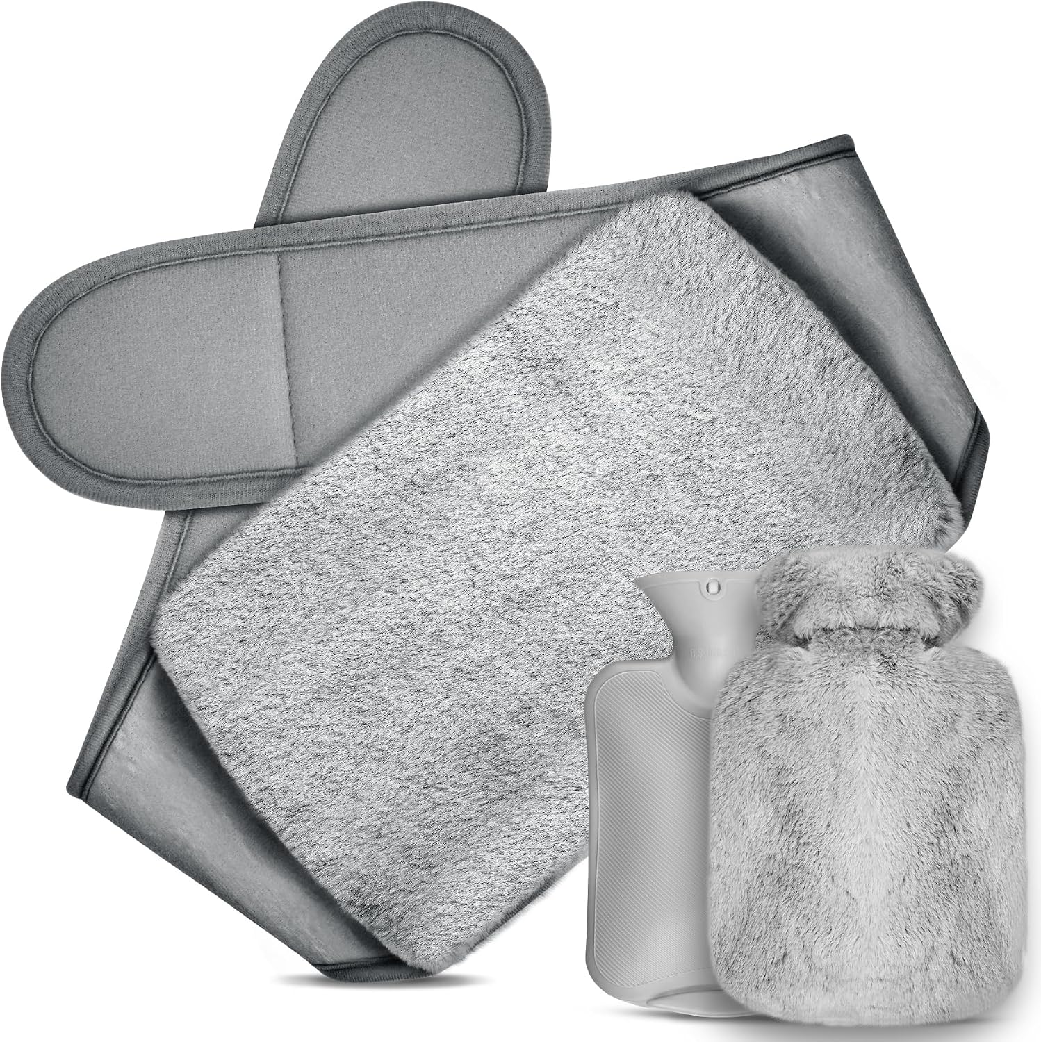 Gucass Botella de Agua Caliente 3 in 1, Bolsa de Agua Caliente con Funda de Cintura Suave, 1 L Bolsa Agua Caliente de Goma para Cuello y Hombro, Espalda, Piernas, Cintura Cálida, Dolor Menstrual(Gris)